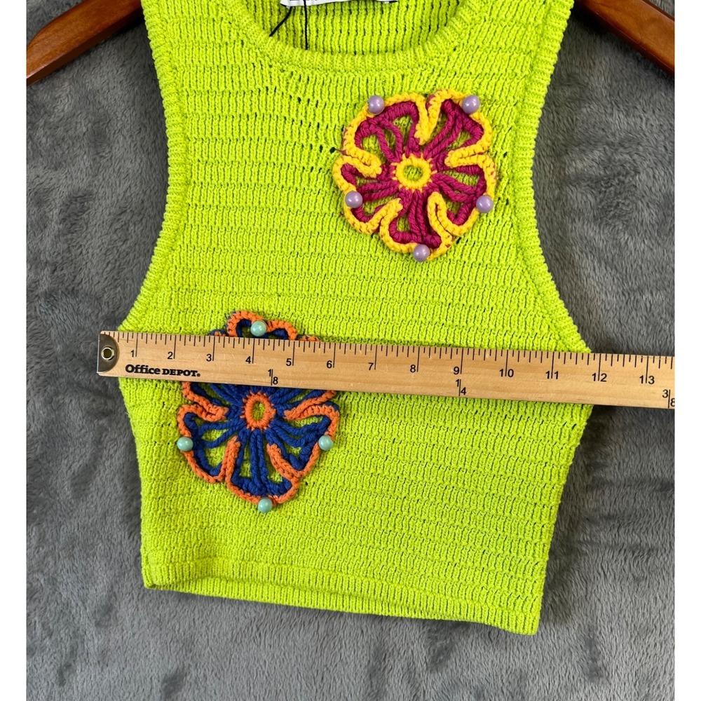 Zara Crochet Tank Top Small Neon Green 3D Floral Beaded Cropped Boho Festival - Picture 3 of 10